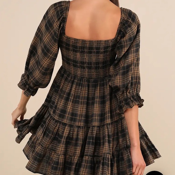 Lulus No One Cuter Black and tan plaid tiered mini dress puffed sleeves size m - Picture 3 of 9